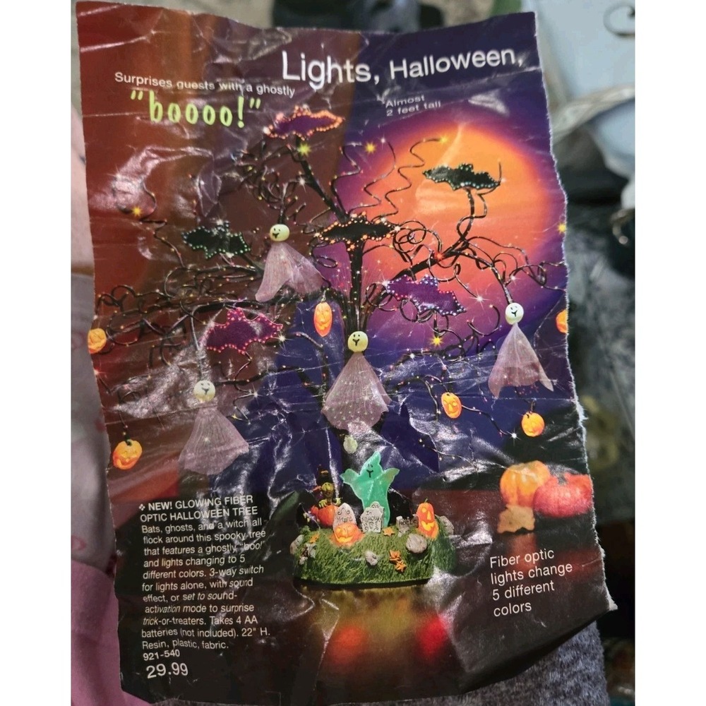 2008 Avon Glowing Fiber Optic Halloween Tree Scary Sounds Bats Ghosts Pumpkins